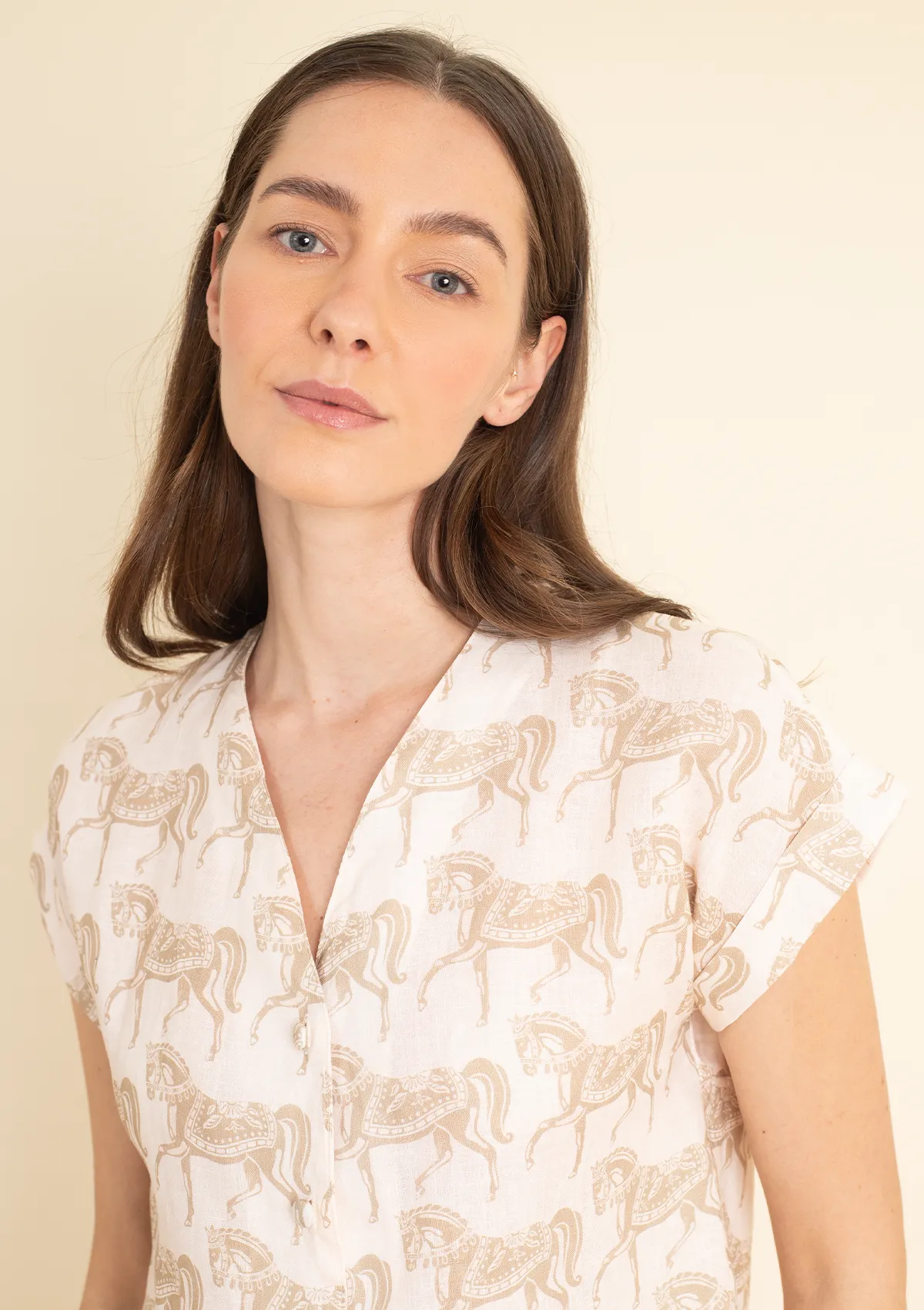 Lila Linen Shirt | Blossomare Print | Neutral