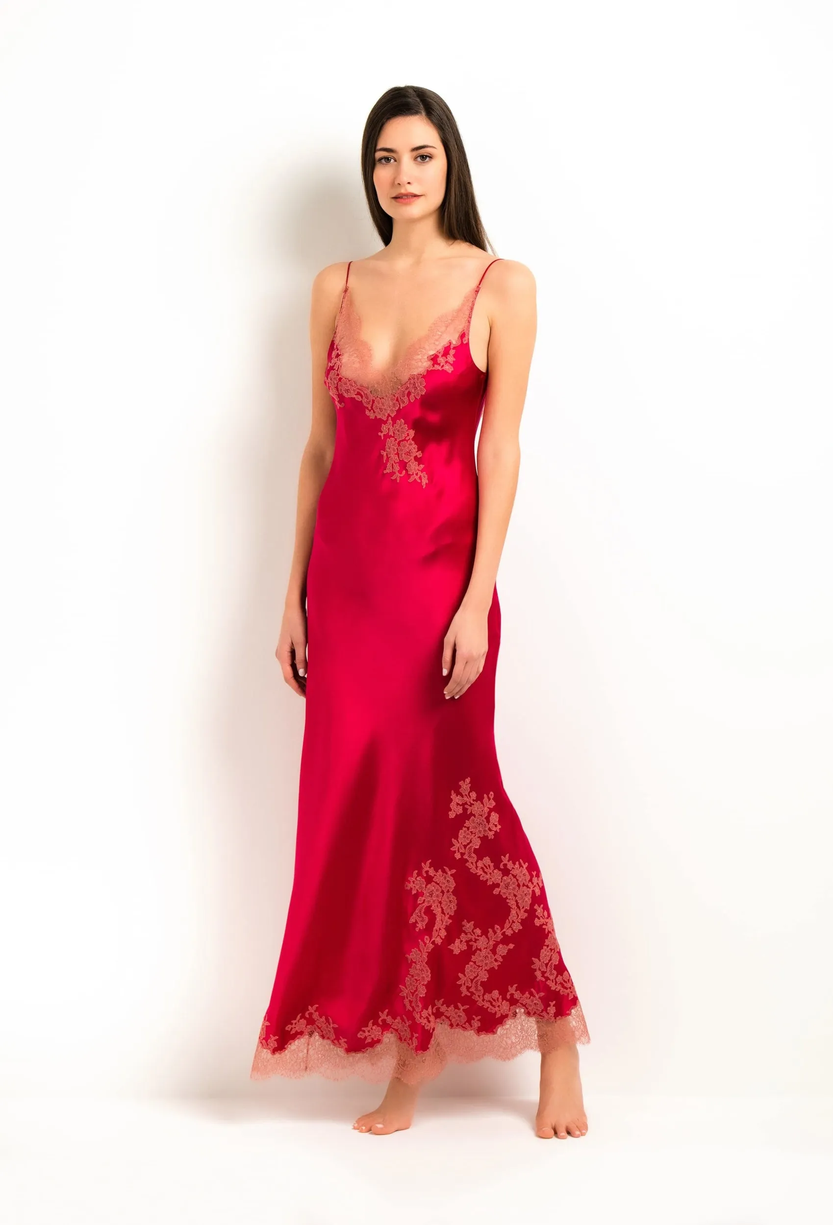 Long silk slip dress - Love red and dusty pink Ceres lace