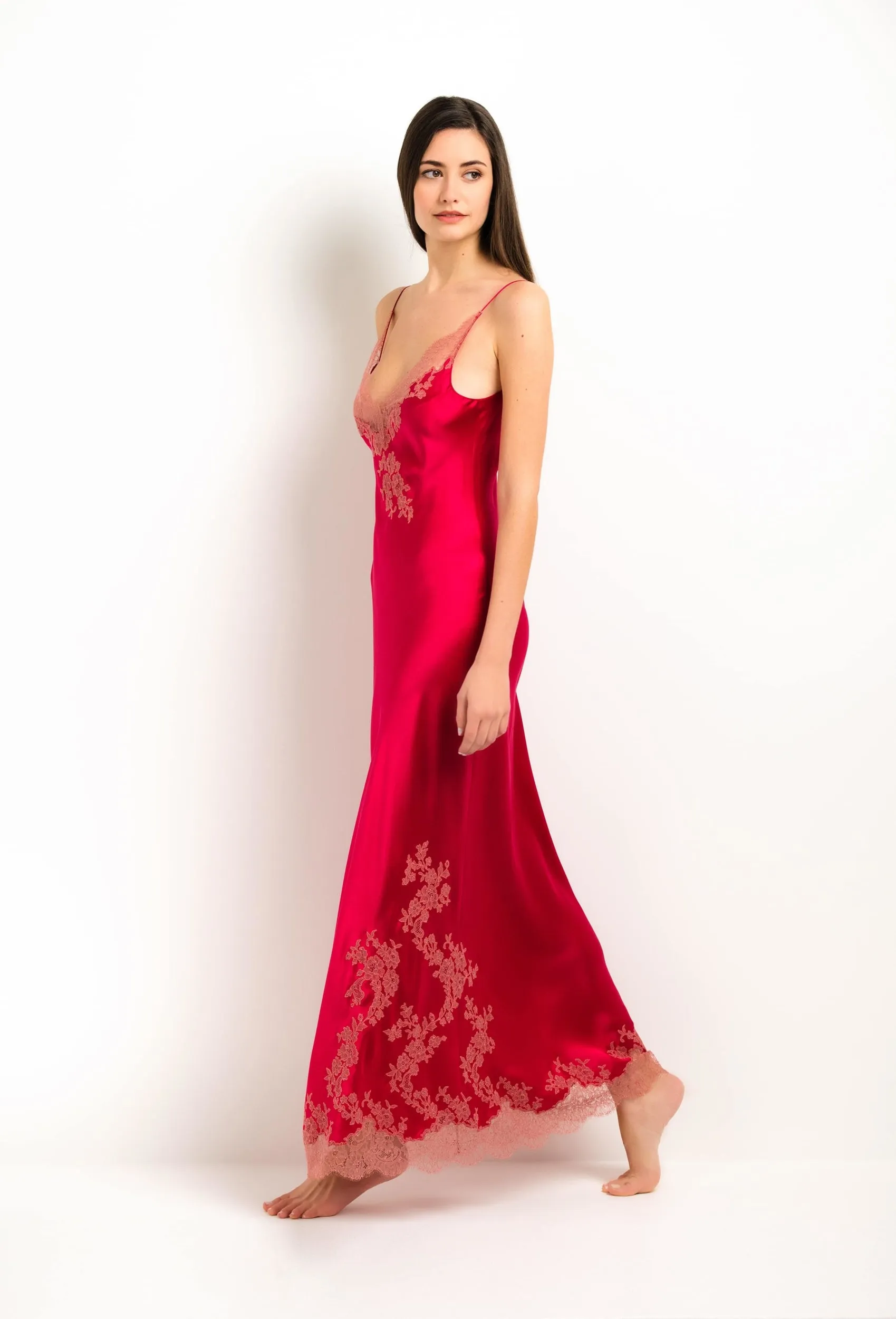 Long silk slip dress - Love red and dusty pink Ceres lace