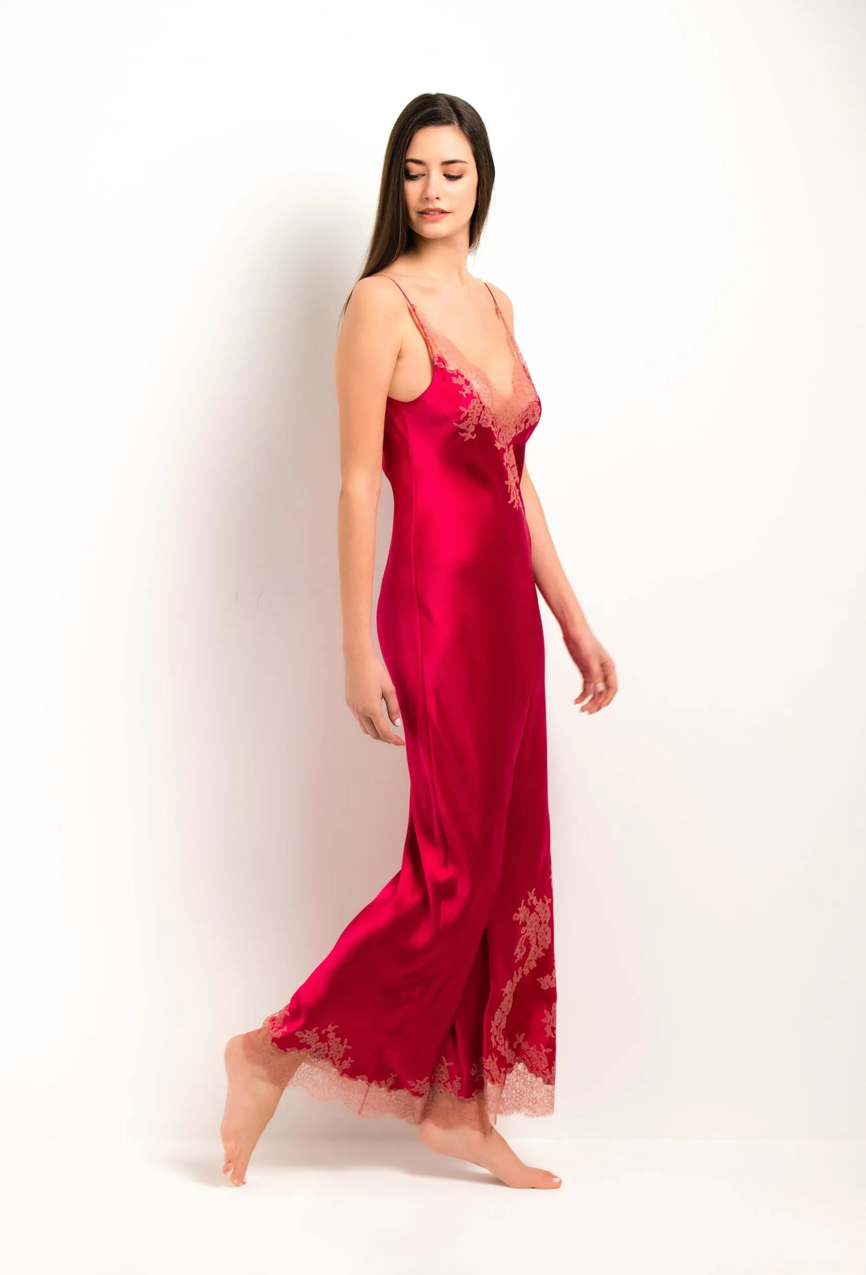 Long silk slip dress - Love red and dusty pink Ceres lace