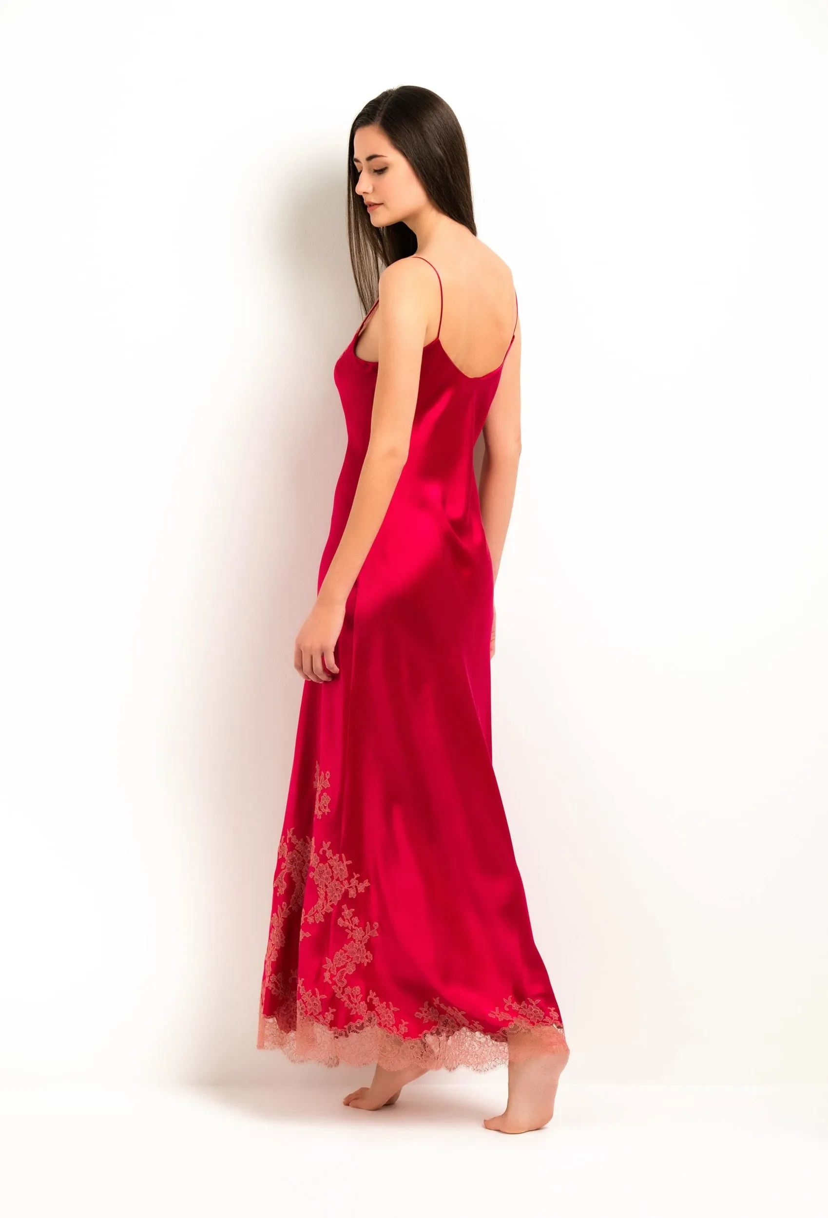 Long silk slip dress - Love red and dusty pink Ceres lace