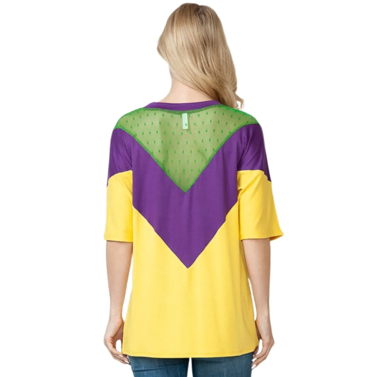 Mardi Gras Purple & Gold Color Block Short Sleeve Tunic Top