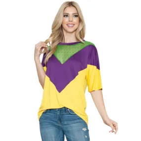 Mardi Gras Purple & Gold Color Block Short Sleeve Tunic Top