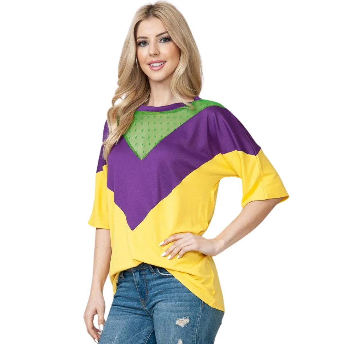 Mardi Gras Purple & Gold Color Block Short Sleeve Tunic Top