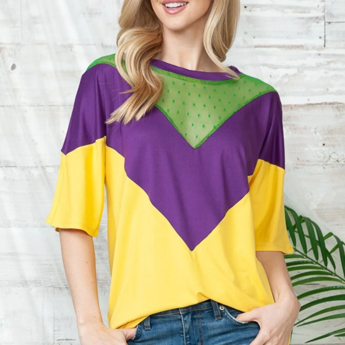 Mardi Gras Purple & Gold Color Block Short Sleeve Tunic Top