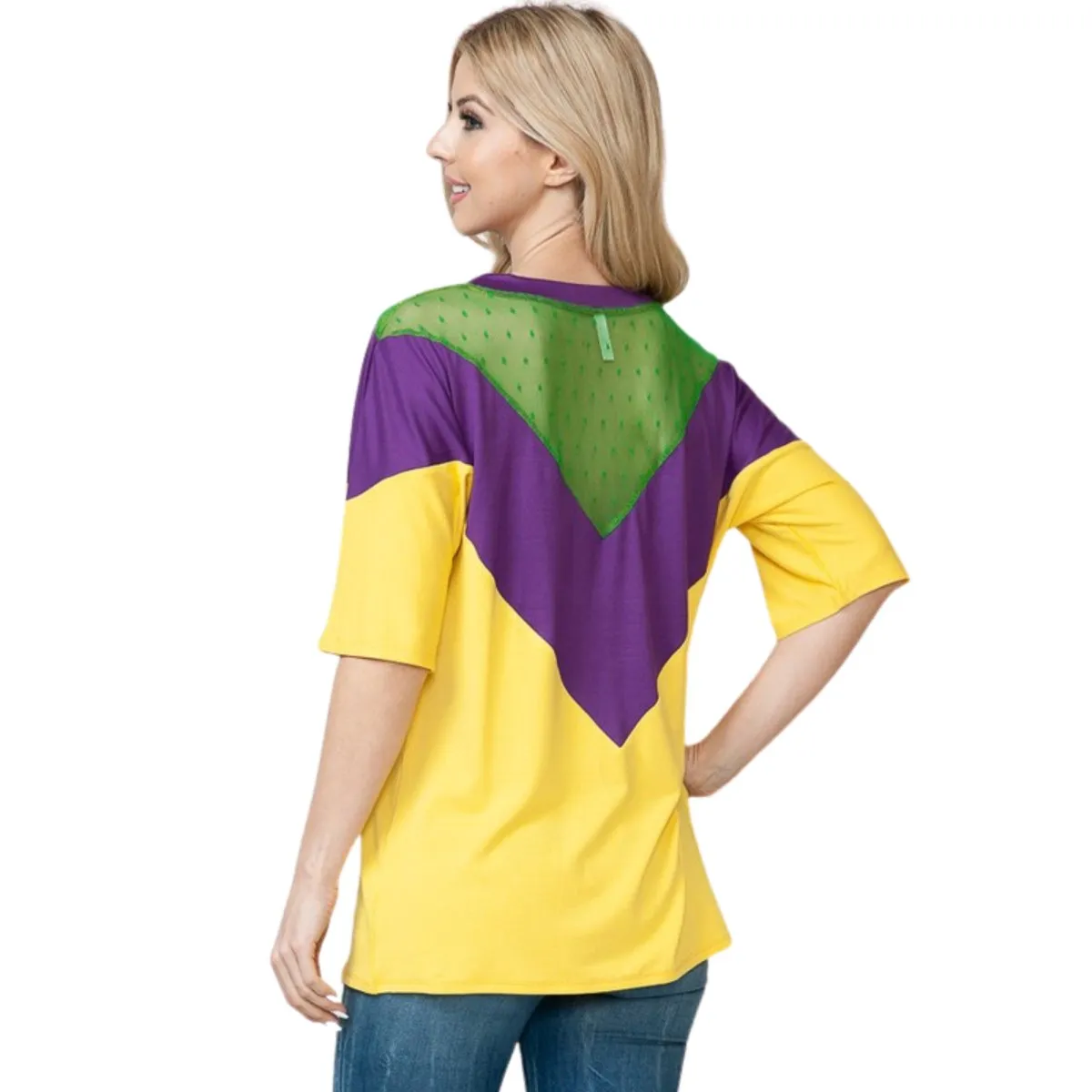 Mardi Gras Purple & Gold Color Block Short Sleeve Tunic Top