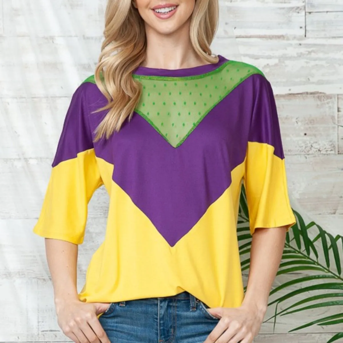 Mardi Gras Purple & Gold Color Block Short Sleeve Tunic Top