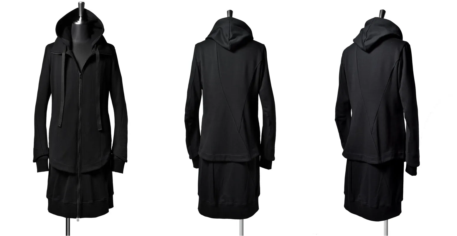 Men's SWEATER LAYER HOODED JACKET / High Neck Long Parka Asymmetric