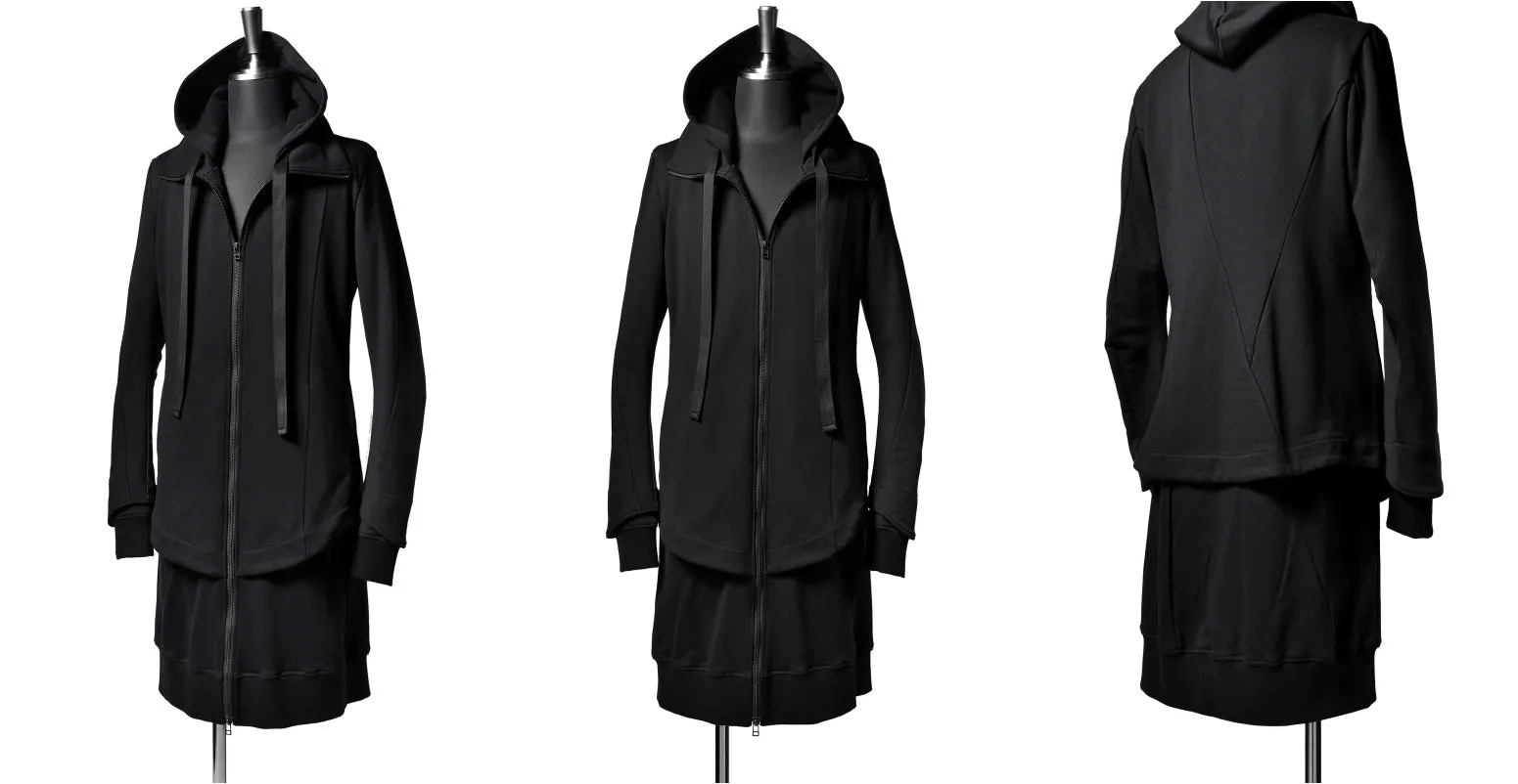 Men's SWEATER LAYER HOODED JACKET / High Neck Long Parka Asymmetric