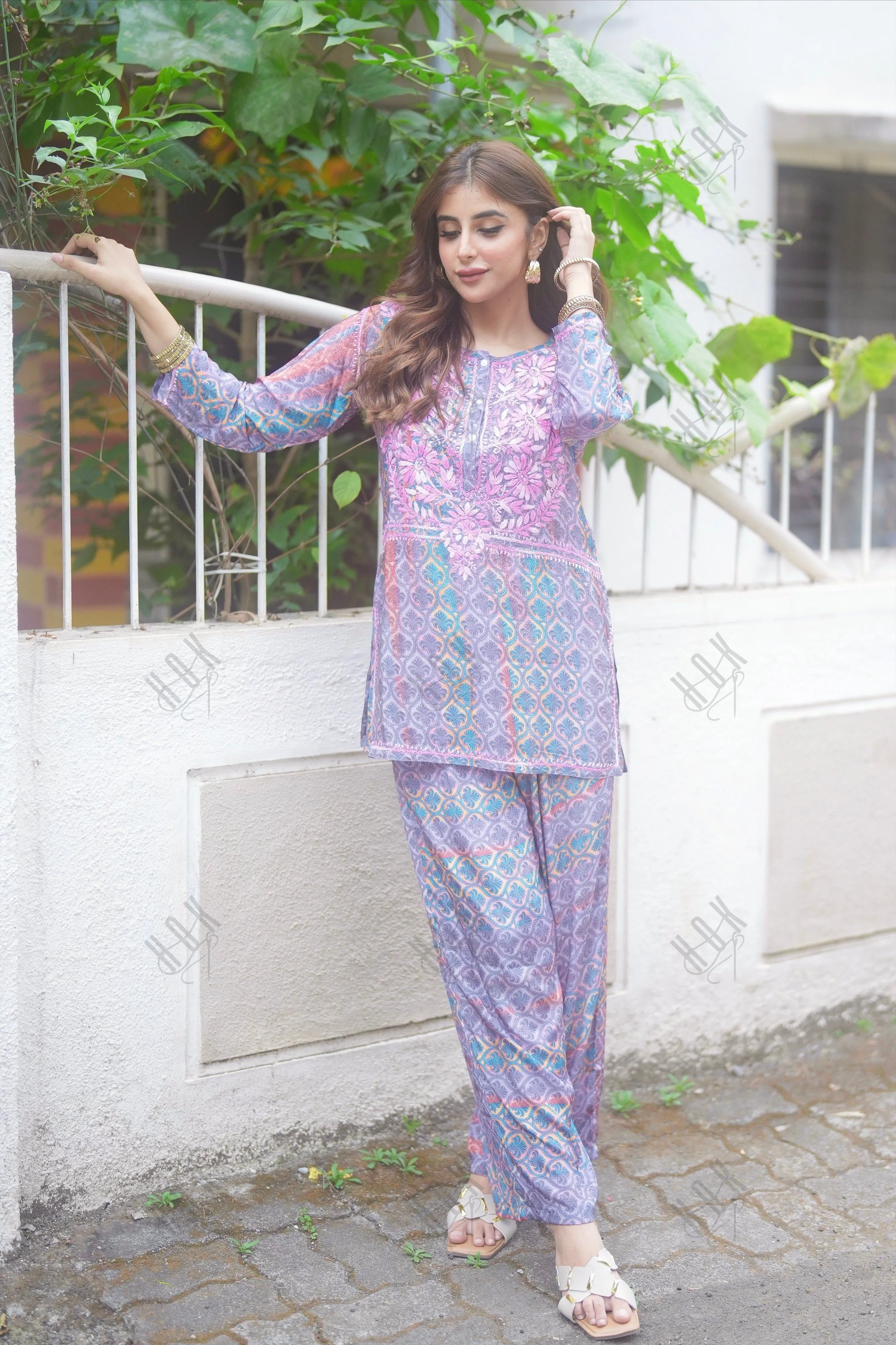 Miesha in Chikankari Polysilk Set for Women - Regal Purple