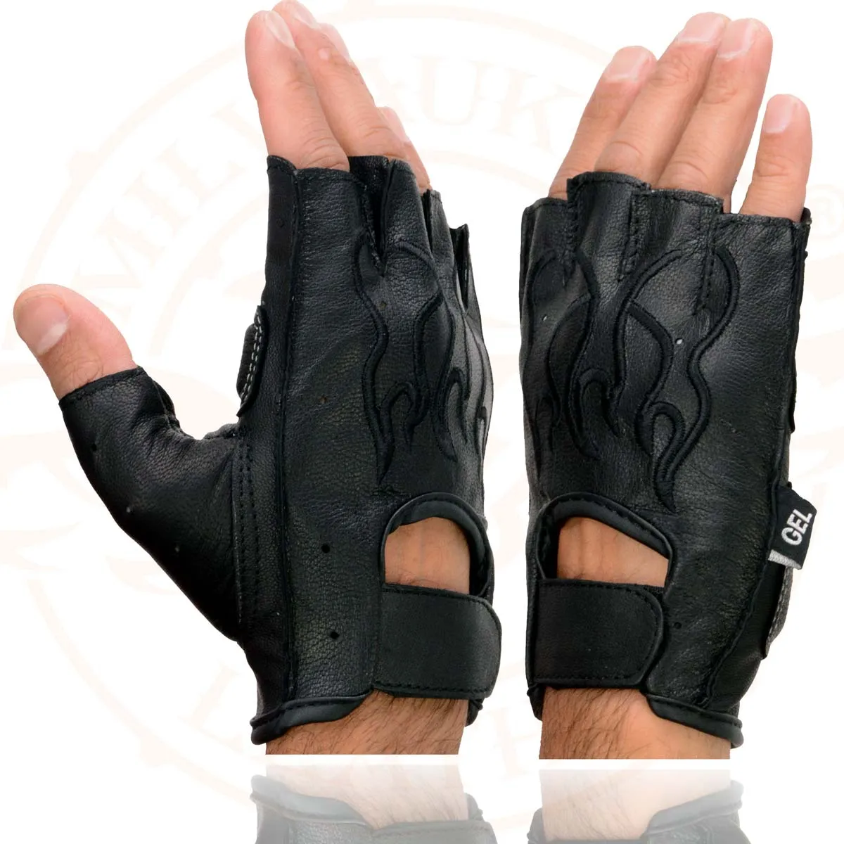 Milwaukee Leather SH198 Men's Black Leather Gel Padded Palm Fingerless Motorcycle Hand Gloves W/ ‘Black Flame Embroidered’