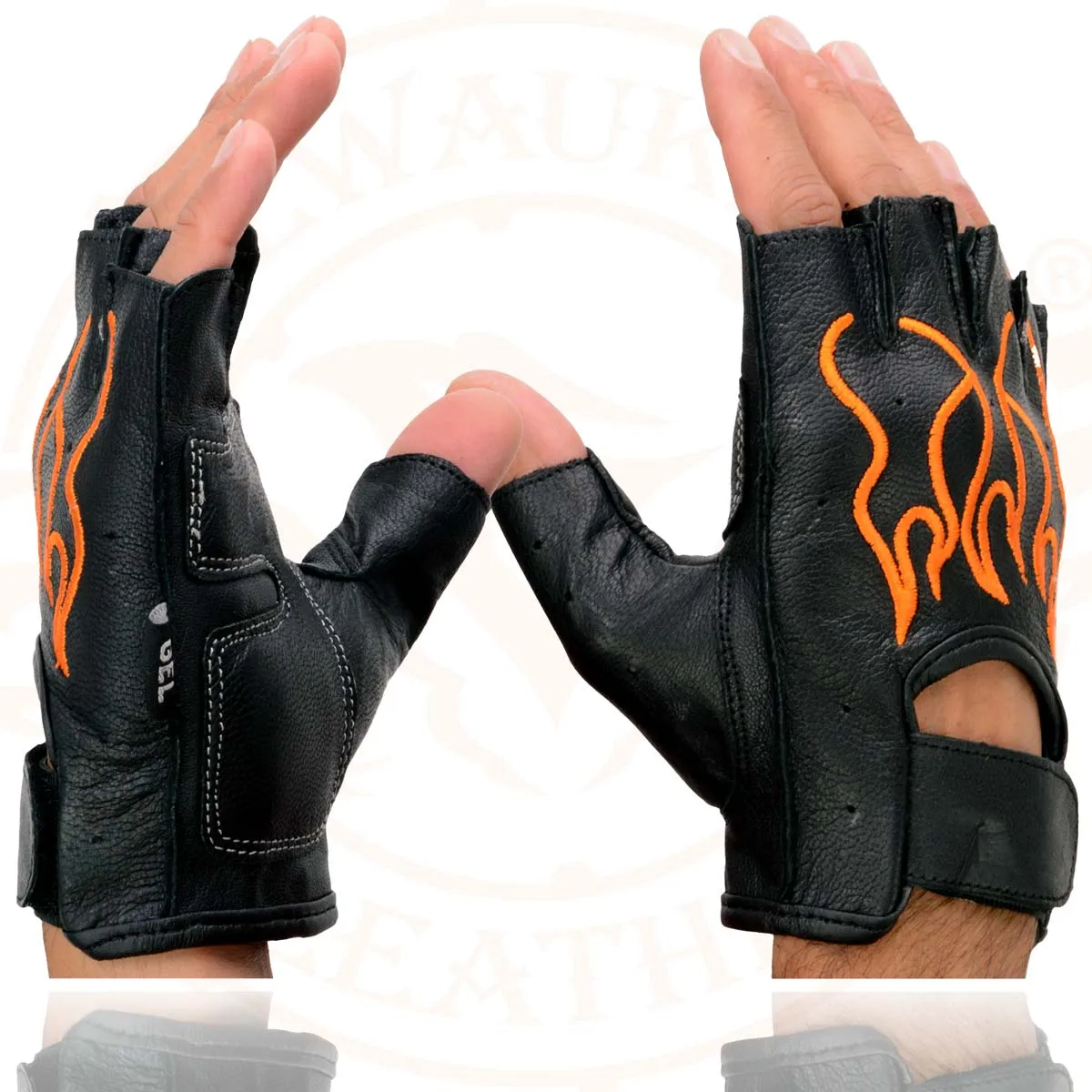 Milwaukee Leather SH198 Men's Black Leather Gel Padded Palm Fingerless Motorcycle Hand Gloves W/ ‘Orange Flame Embroidered’