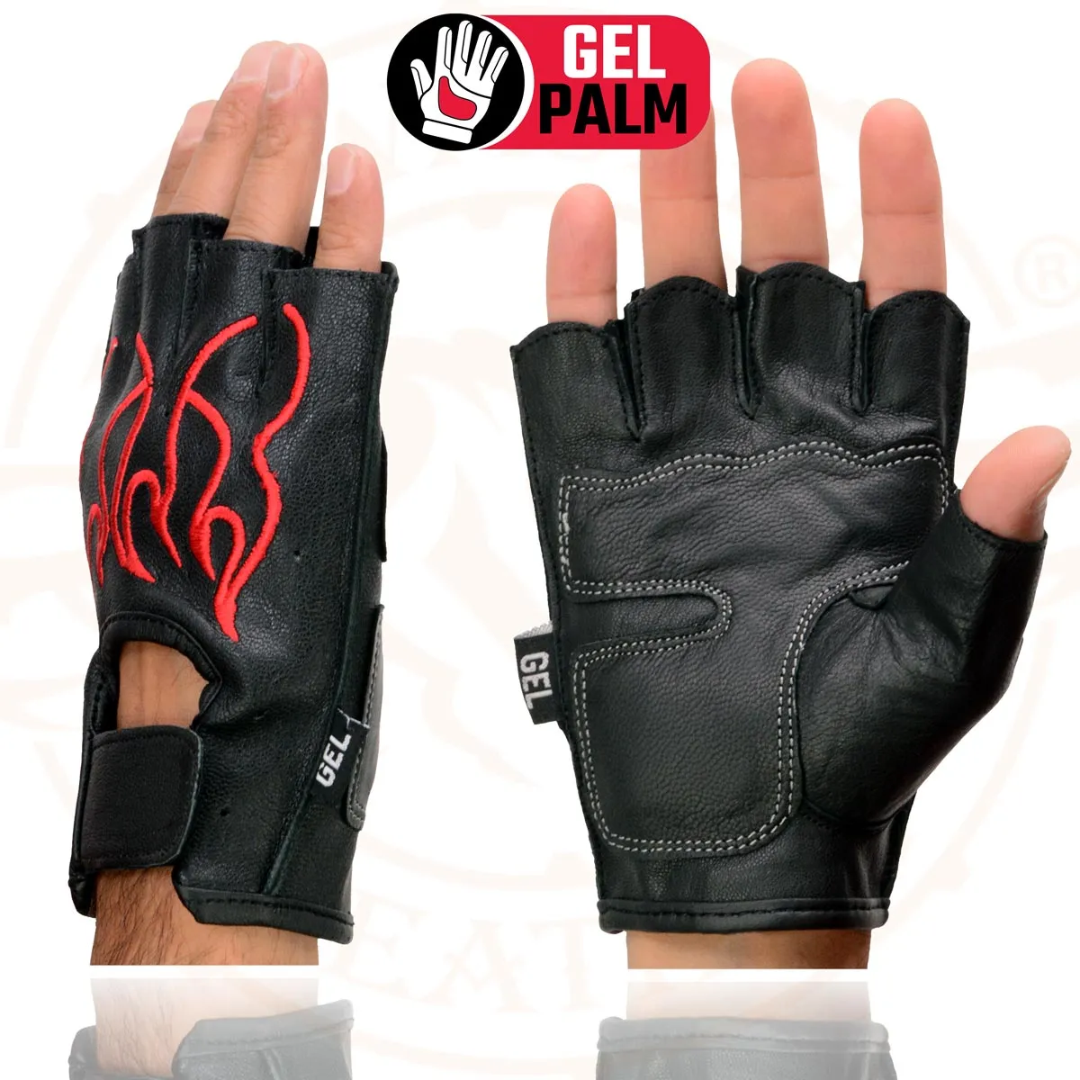 Milwaukee Leather SH198 Men's Black Leather Gel Padded Palm Fingerless Motorcycle Hand Gloves W/ ‘Red Flame Embroidered’