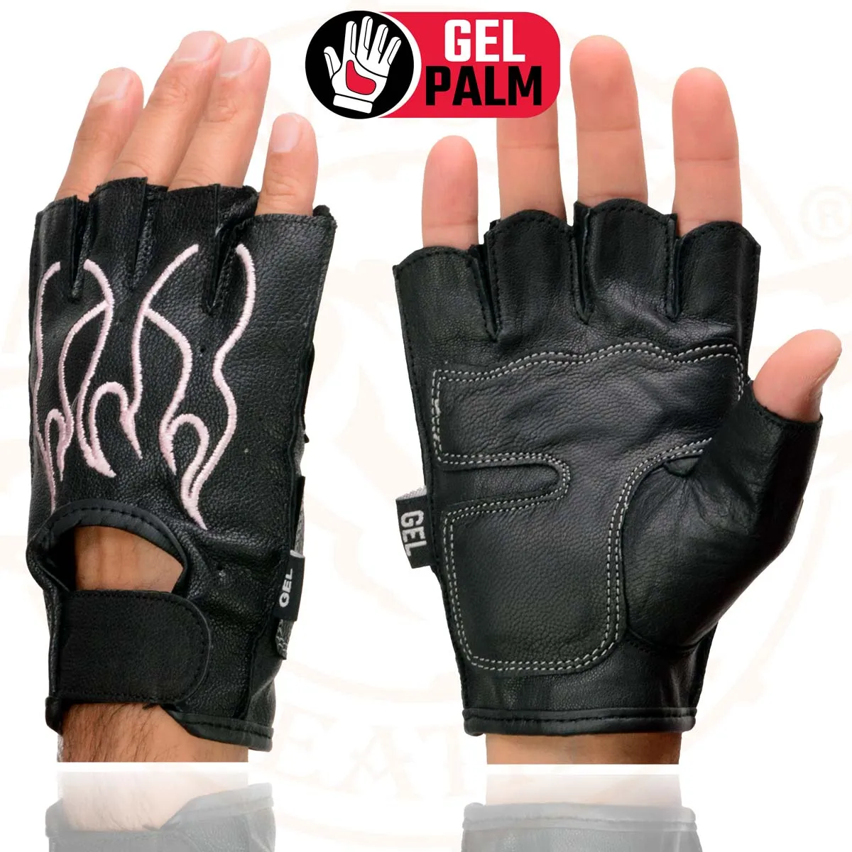 Milwaukee Leather SH198 Women's Black Leather Gel Padded Palm Fingerless Motorcycle Hand Gloves W/ ‘Pink Flame Embroidered’