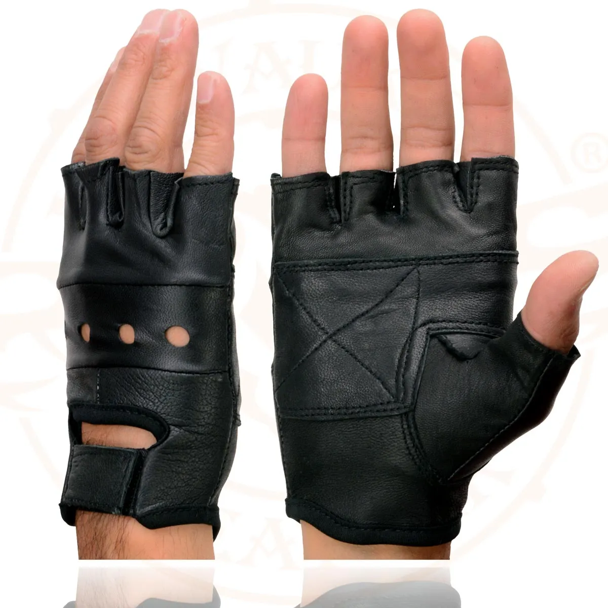 Milwaukee Leather SH216 Men's Black Leather Gel Padded Palm Fingerless Motorcycle Hand Gloves W/ Breathable ‘Open Knuckle’