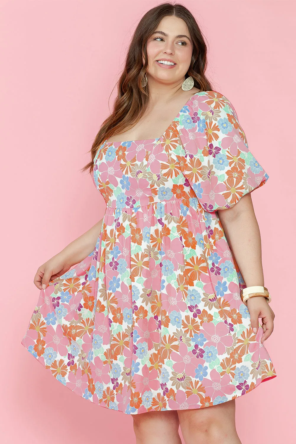 Multicolour Floral Puff Sleeve Square Neck Plus Babydoll Dress