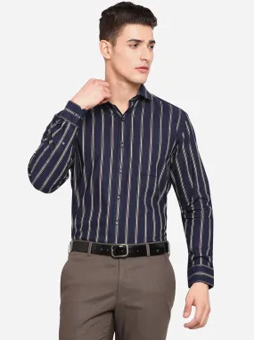 Navy Blue & Khaki Striped Regular Fit Formal Shirt | JadeBlue