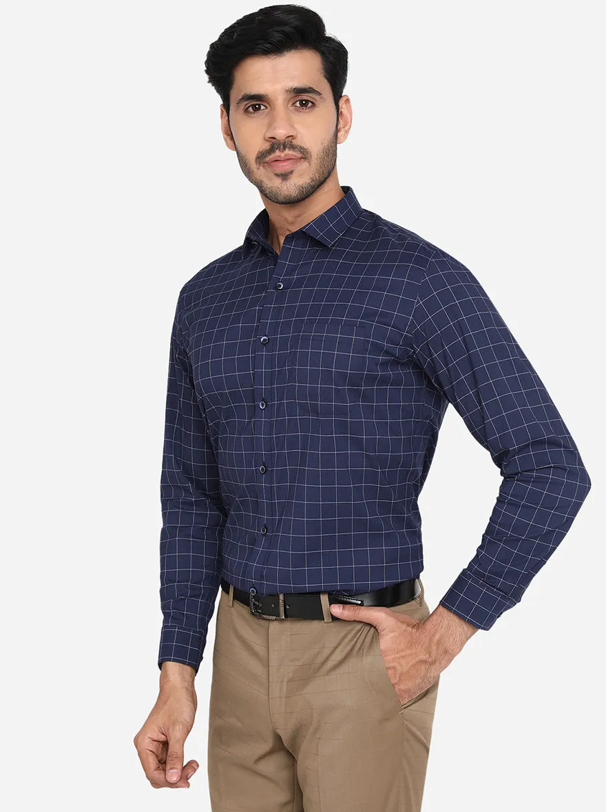 Navy Blue & White Checked Slim Fit Formal Shirt | Greenfibre