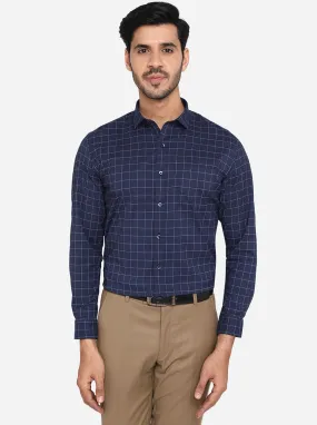 Navy Blue & White Checked Slim Fit Formal Shirt | Greenfibre