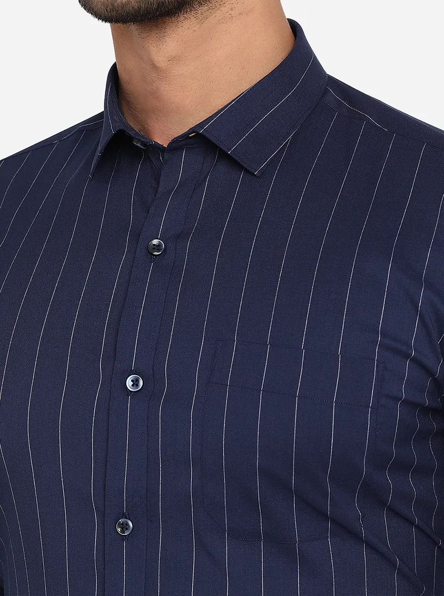 Navy Blue & White Striped Slim Fit Formal Shirt | Greenfibre