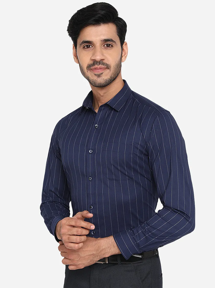 Navy Blue & White Striped Slim Fit Formal Shirt | Greenfibre