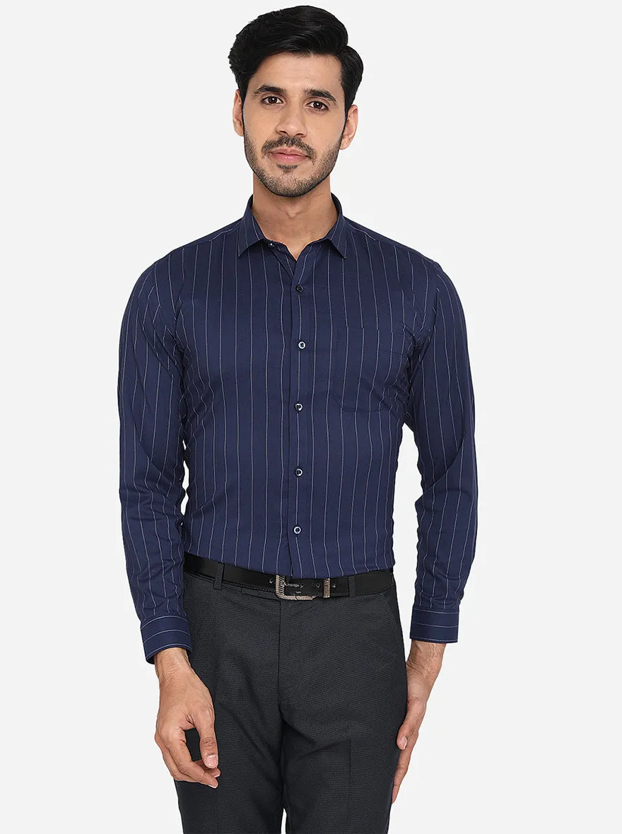 Navy Blue & White Striped Slim Fit Formal Shirt | Greenfibre