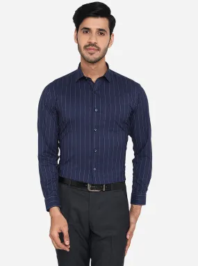 Navy Blue & White Striped Slim Fit Formal Shirt | Greenfibre