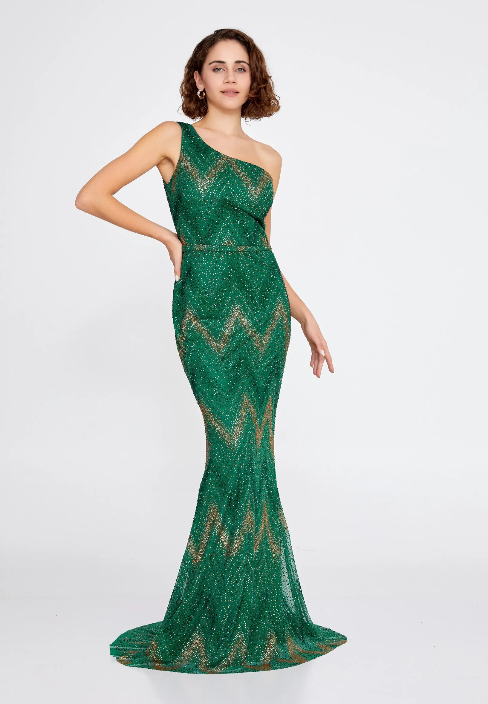 One Shoulder Beaded Maxi Tulle Mermaid Evening Gown - Emerald