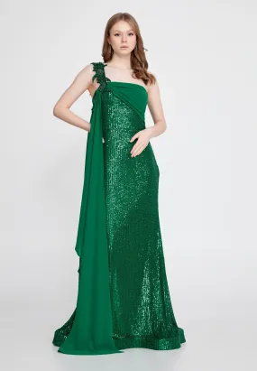 One-shoulder Sequin Gown with Long Chiffon Shoulder - Emerald