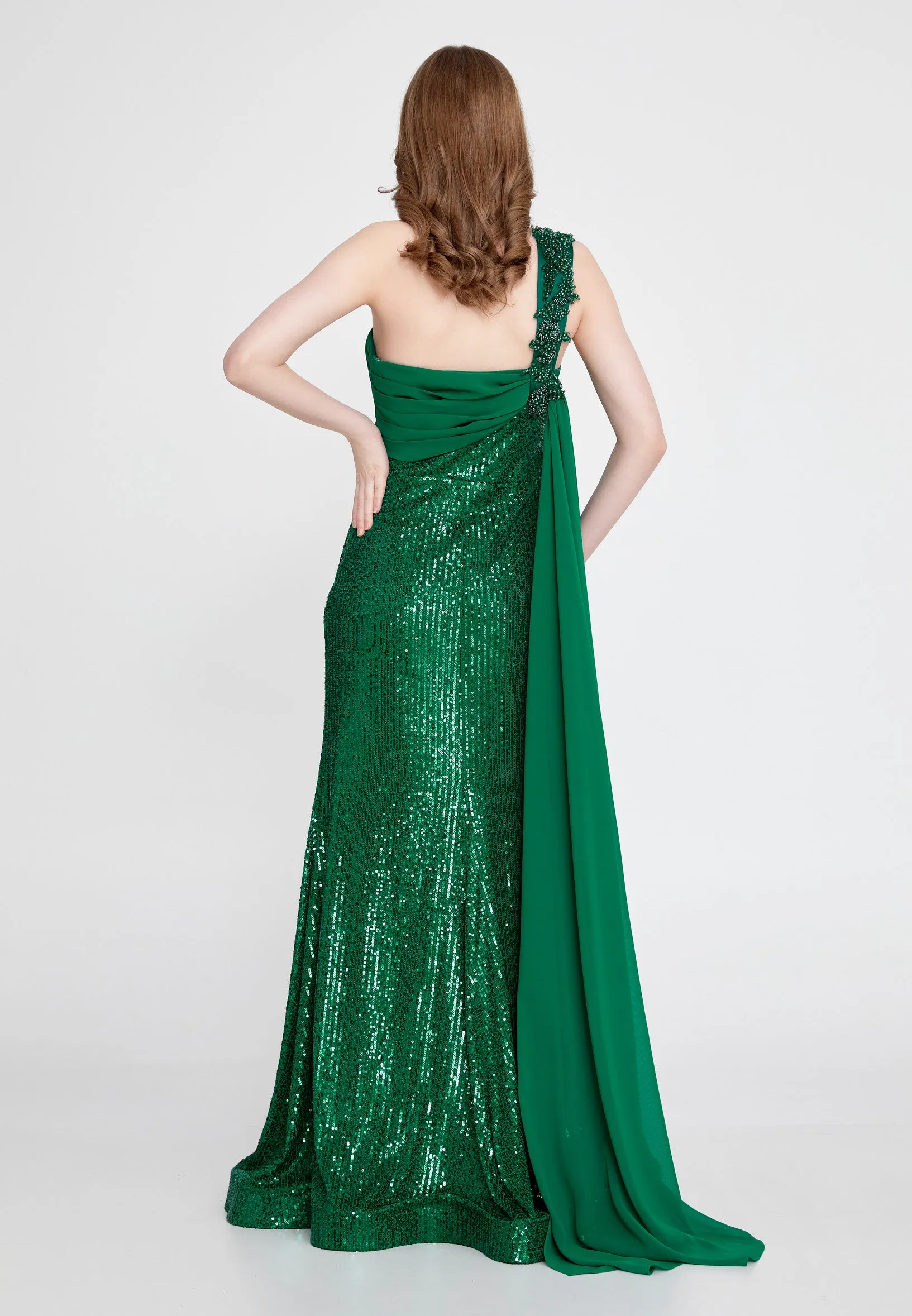 One-shoulder Sequin Gown with Long Chiffon Shoulder - Emerald