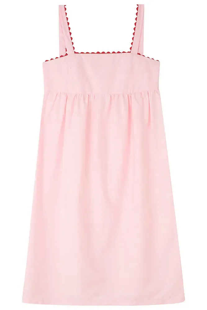 Pale Pink Midi Nightdress With Red Ric Rac - 100% Cotton Poplin