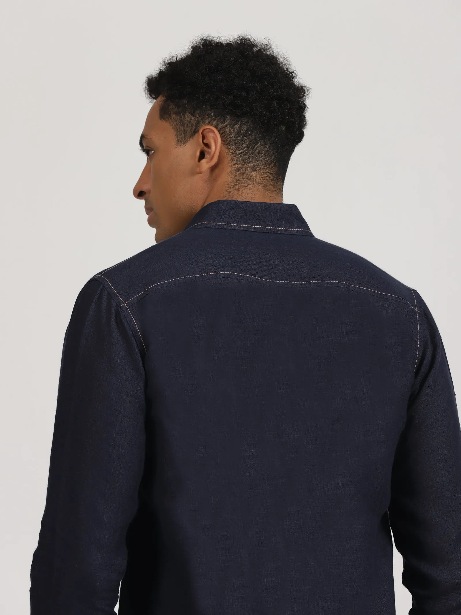 Paul - Pure Linen Stitch Detailed Full Sleeve Shirt - Dark Blue