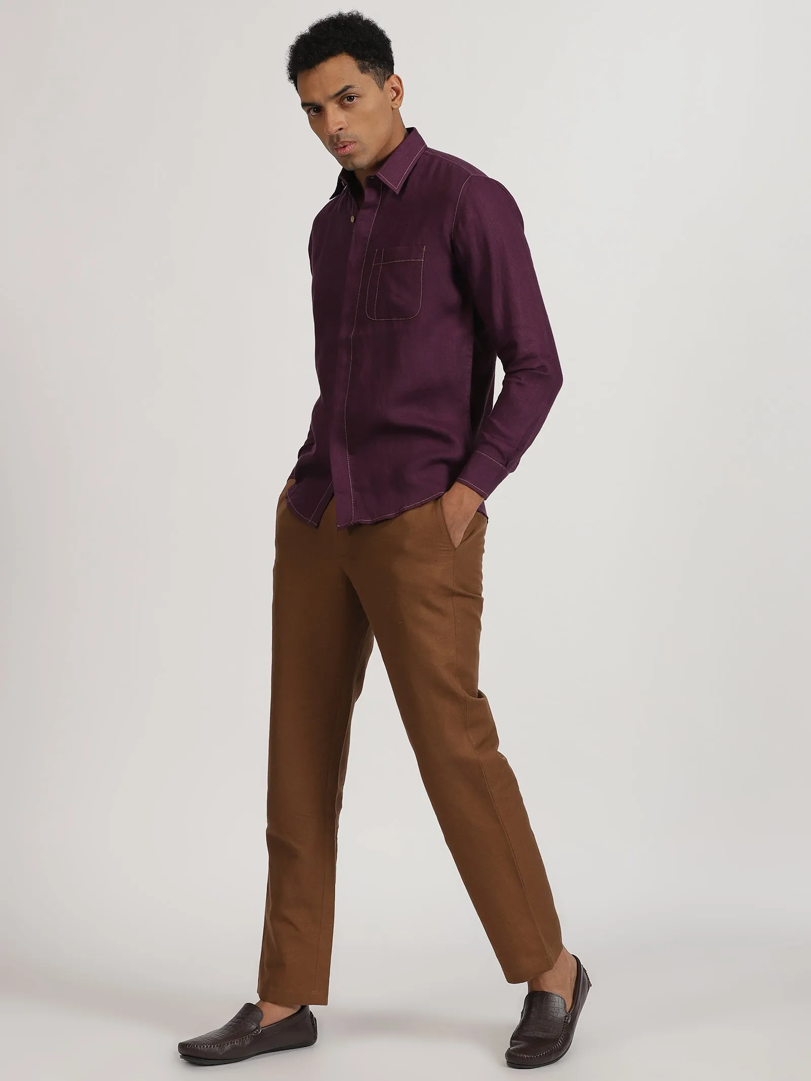 Paul - Pure Linen Stitch Detailed Full Sleeve Shirt - Dark Purple (Factory Rescue)