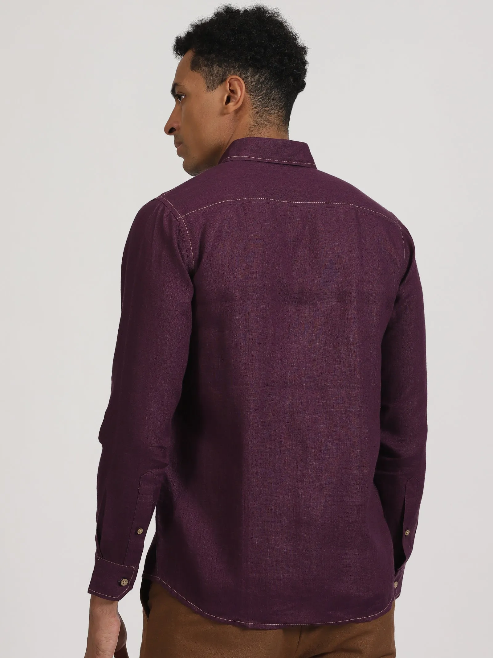 Paul - Pure Linen Stitch Detailed Full Sleeve Shirt - Dark Purple (Factory Rescue)