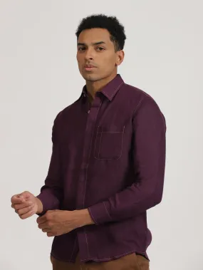 Paul - Pure Linen Stitch Detailed Full Sleeve Shirt - Dark Purple