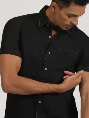 Peter - Pure Linen Stitch Detailed Half Sleeve Shirt - Black