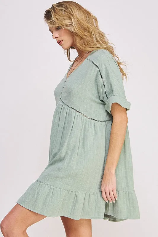 PLUS SIZE SHORT SLV BUTTON DOWN V-NECK SHORT DRESS - online exclusive