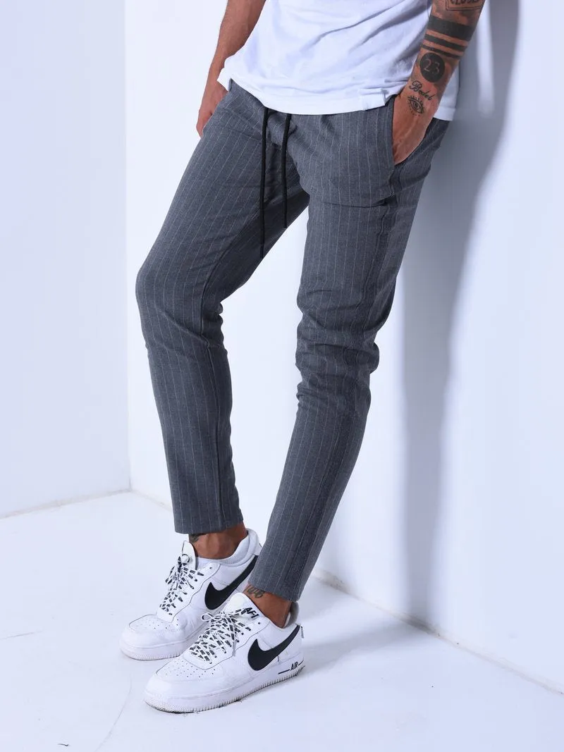 Premium Striped Ankle Pants - Dark Gray