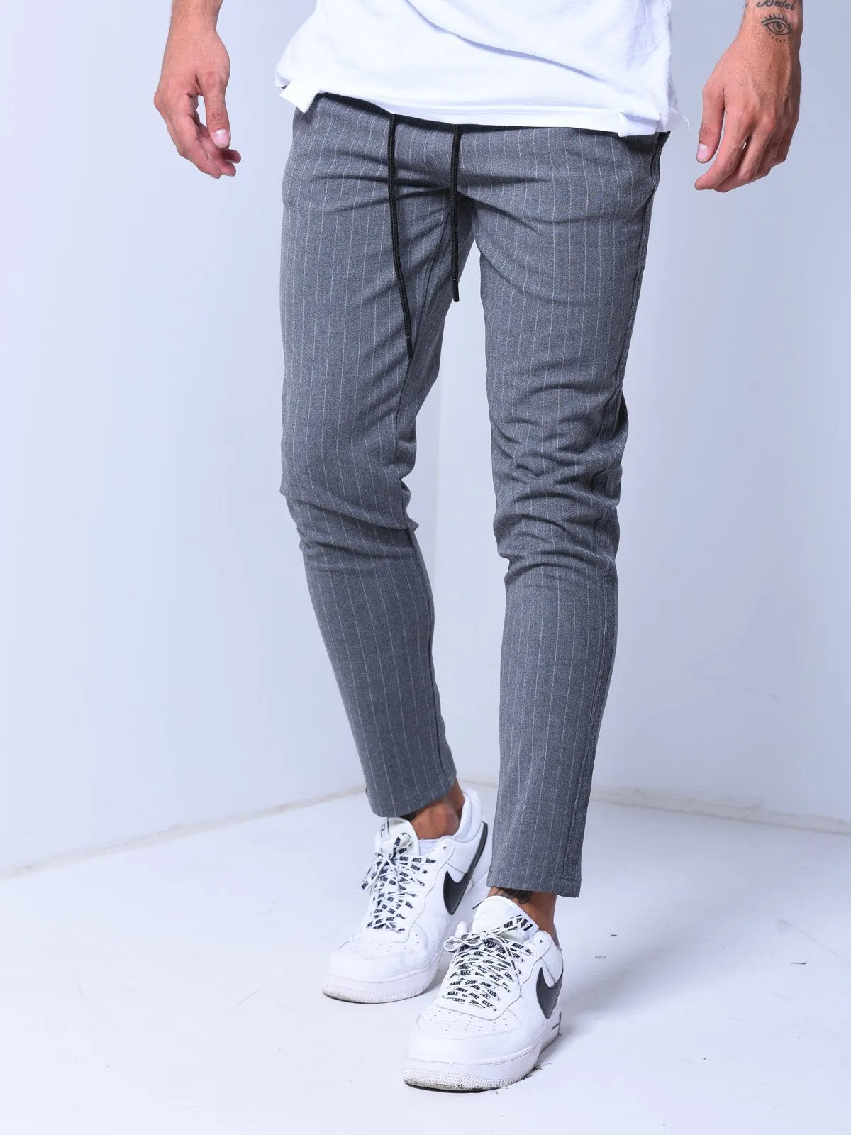 Premium Striped Ankle Pants - Dark Gray