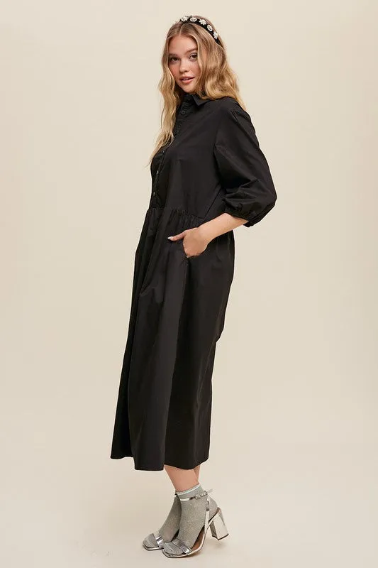 Puff Sleeve Babydoll Maxi Shirt Dress