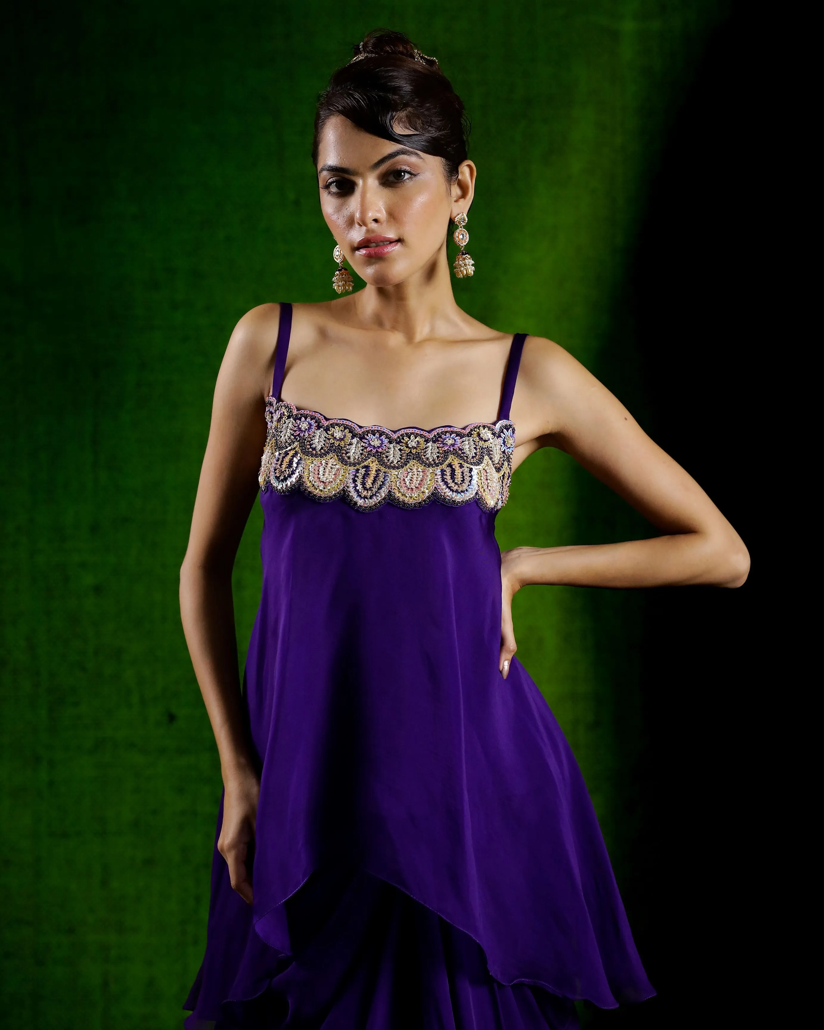 Purple Embellished Organza Silk Skirt Set