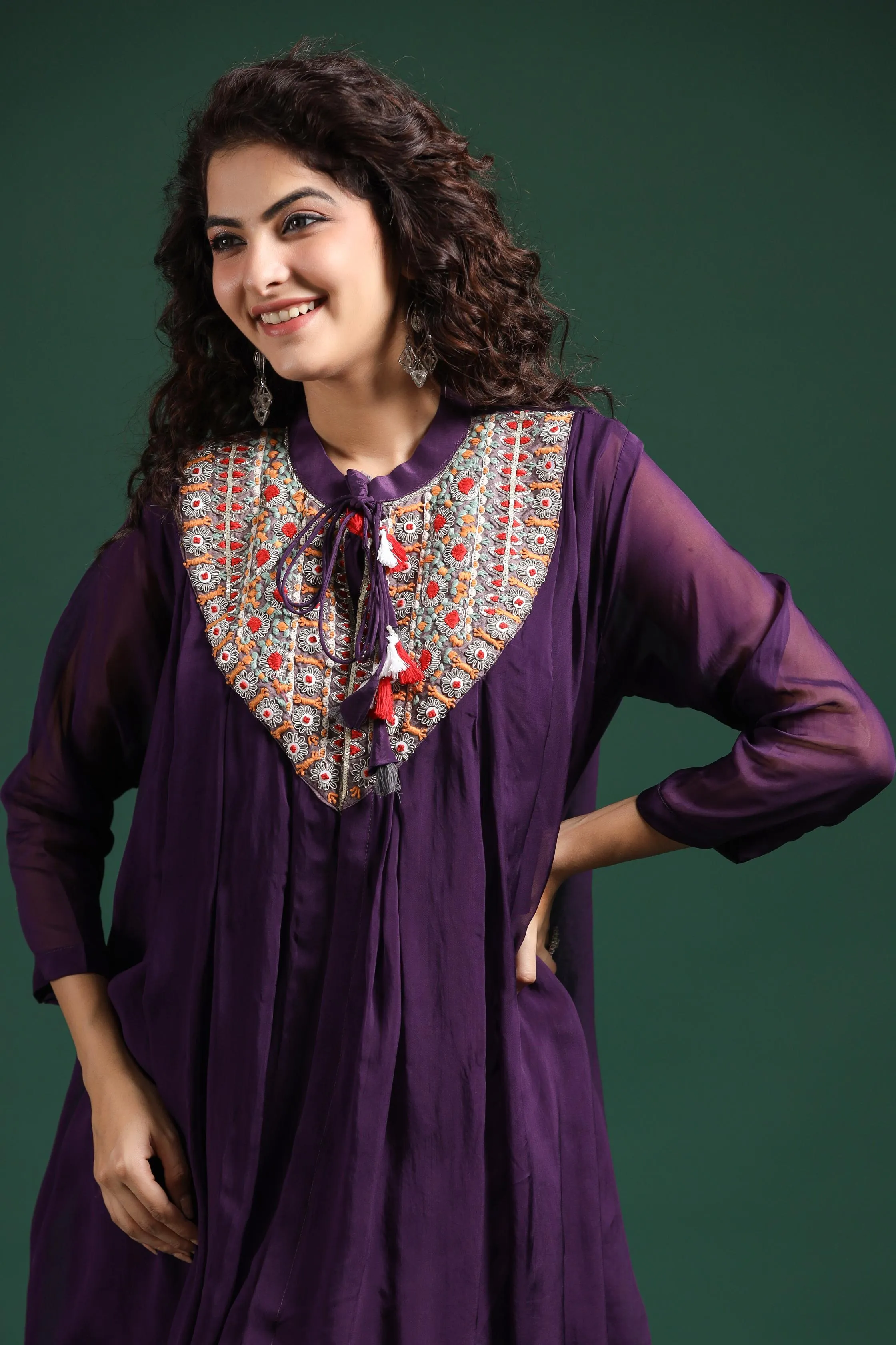 Purple Embroidered Tunic With Dhoti Pants