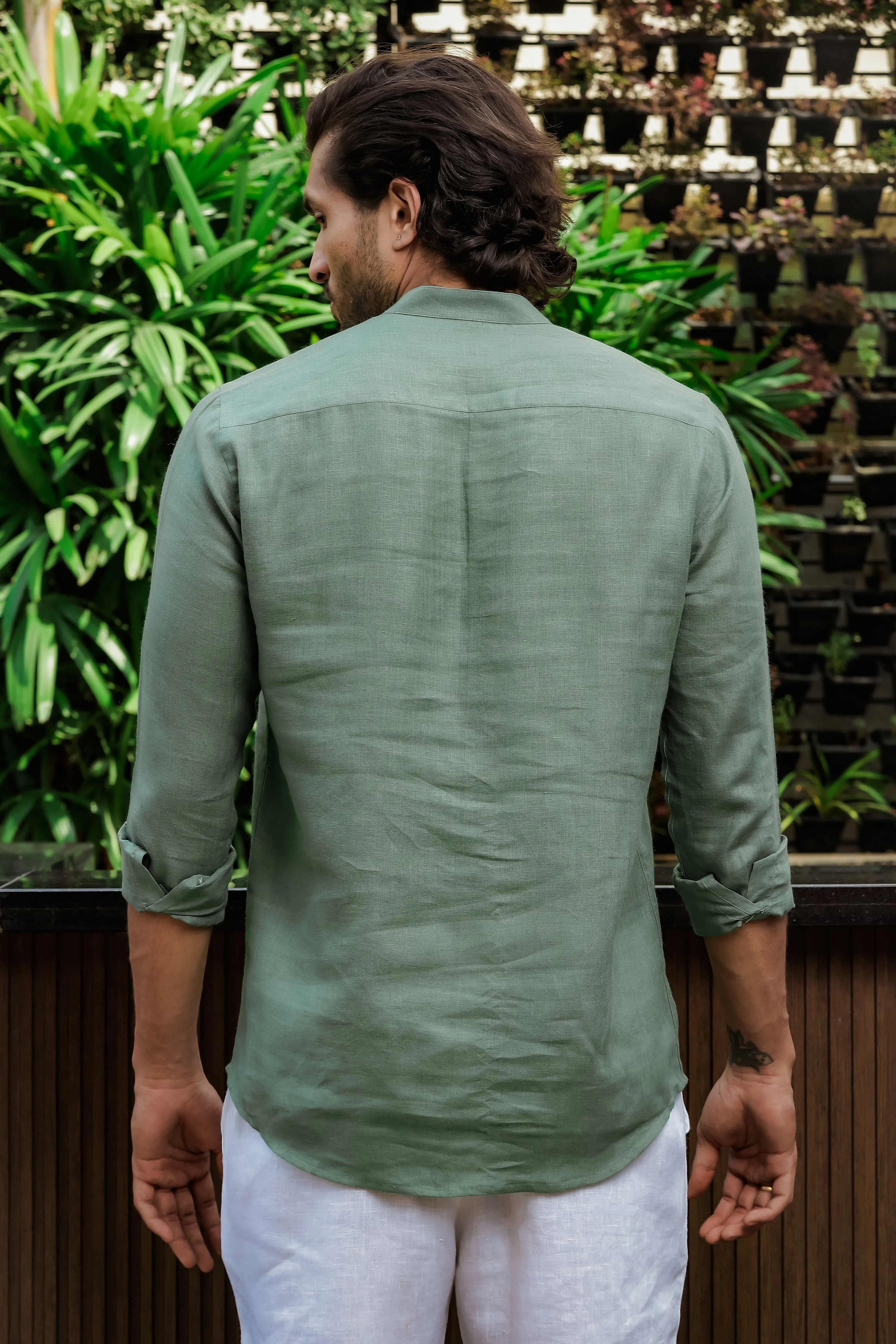 Quinn Half Placket Pure Linen Full Sleeve Shirt - Smoke Green