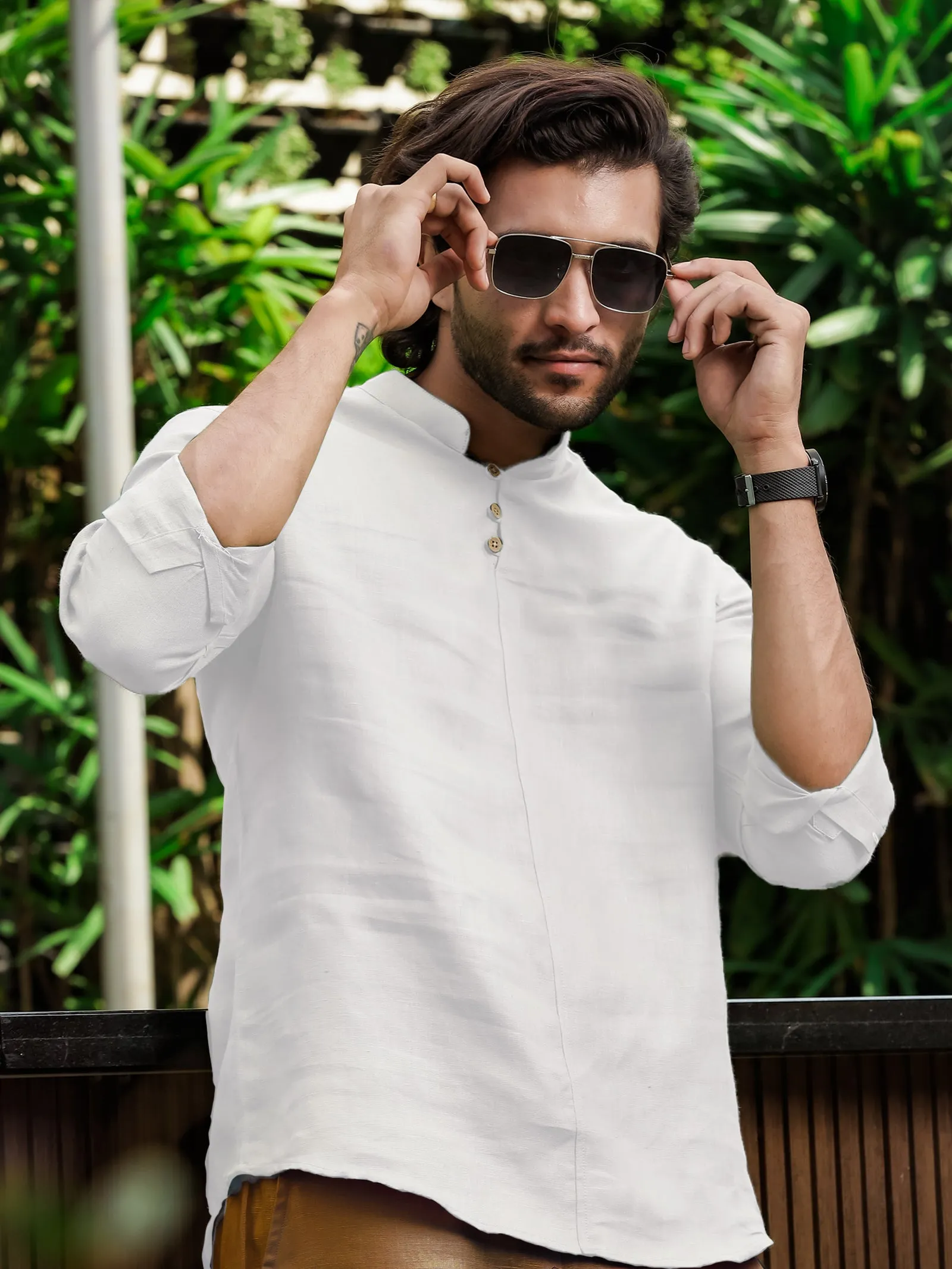 Quinn Half Placket Pure Linen Full Sleeve Shirt -White