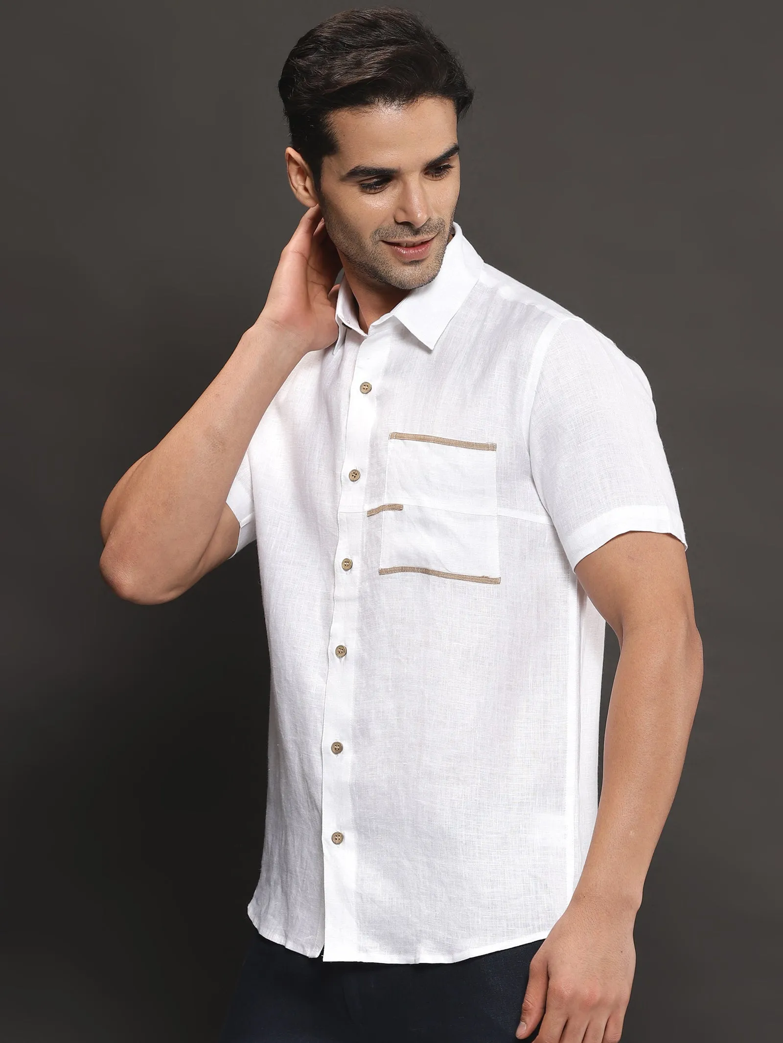 Robert - Pure Linen Pocket Detailed Half Sleeve Shirt - White (Factory Rescue)