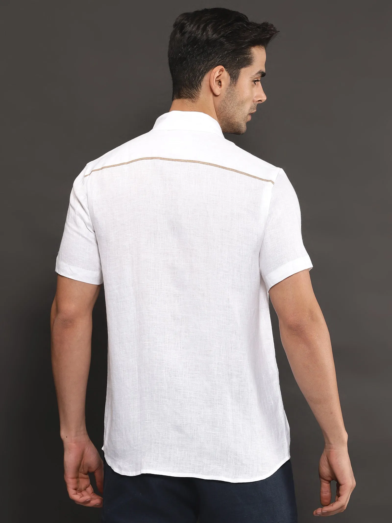 Robert - Pure Linen Pocket Detailed Half Sleeve Shirt - White (Factory Rescue)