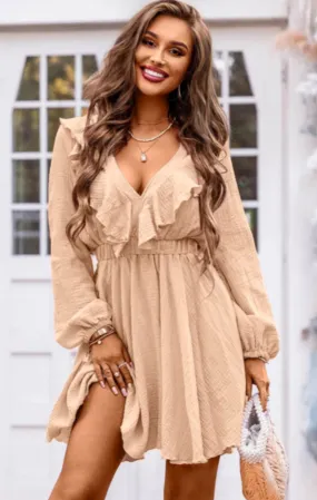 Ruffle Trim V-Neck Long Sleeve Mini Dress