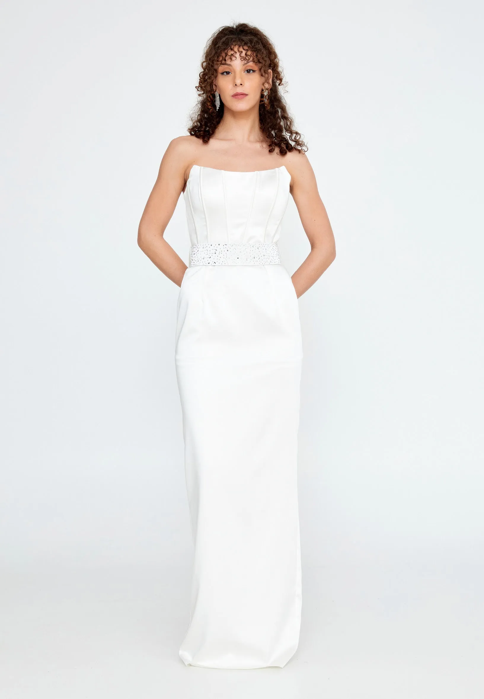 Satin Strapless Long Dress with Belt - White