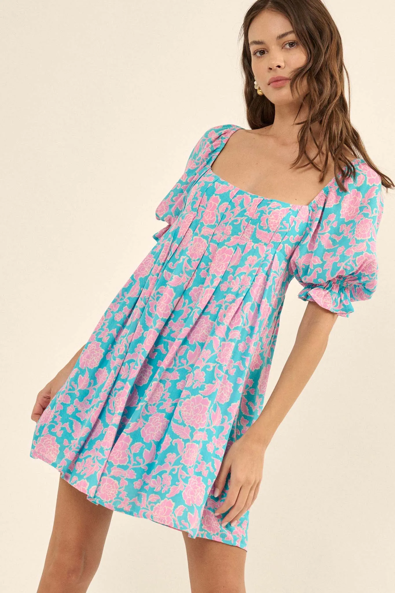 Secret Rendezvous Pleated Floral Babydoll Mini Dress