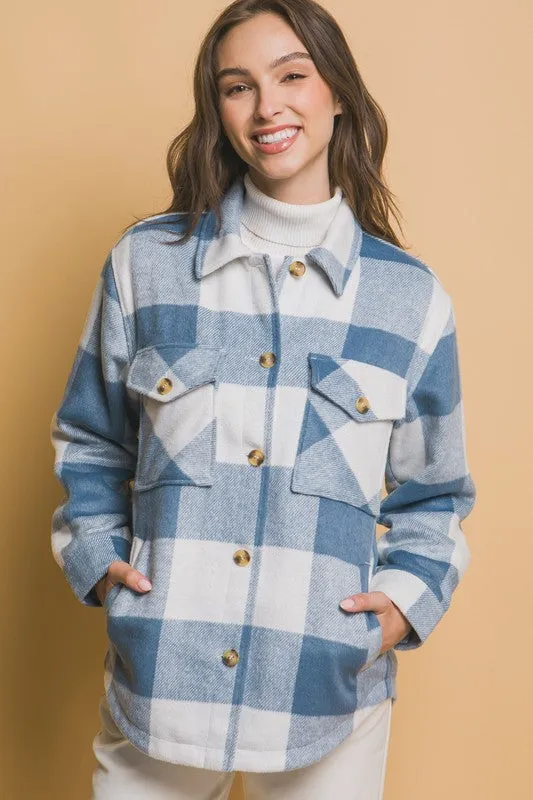 Shelly Plaid Sherpa Jacket in Blue Check